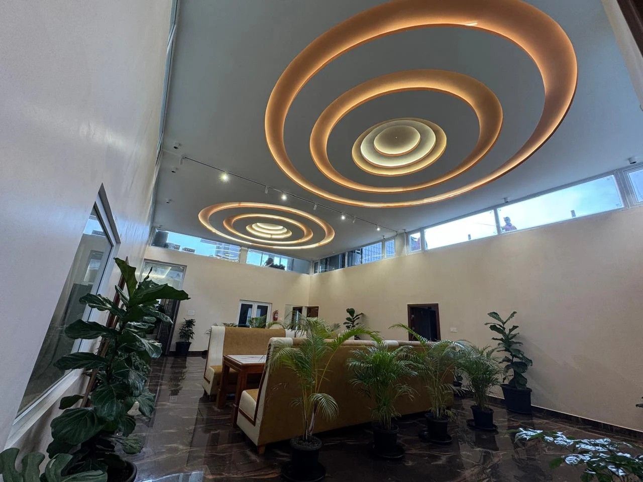 Sculptural ring ceiling detail in the atrium